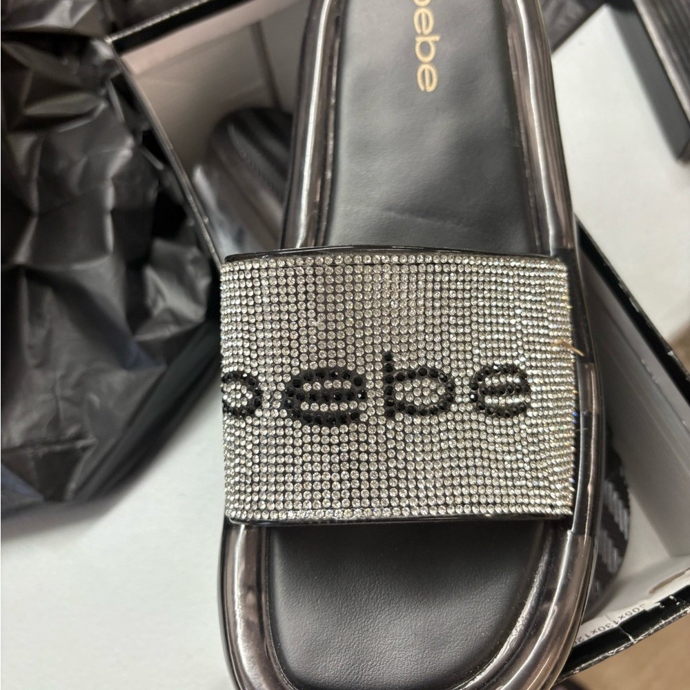 Bebe Black and Silver Crystal Slide Sandals